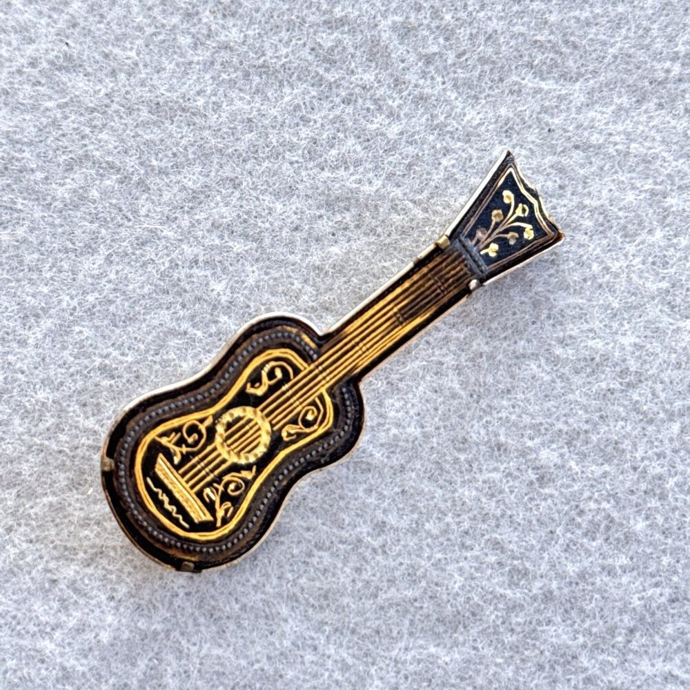 Vintage Damascene Brooch Guitar Trombone Closure String Instrument Pin Gold Tone